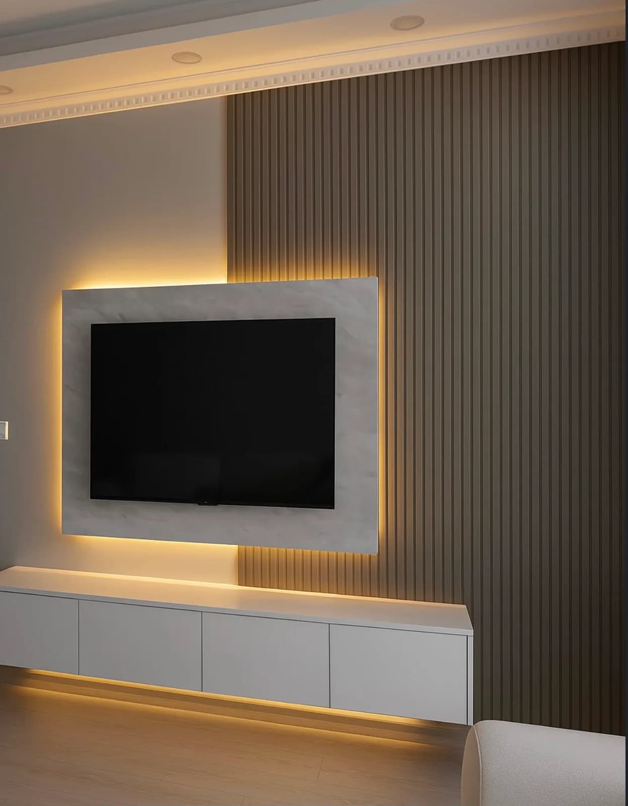 Çıtalı TV ünitesi duvar paneli, LED arka aydınlatma ve askıda ünite