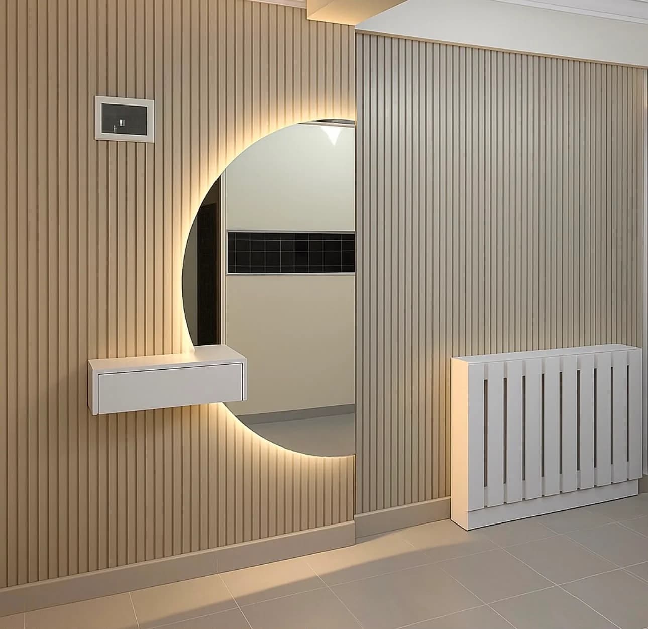 Krem çıta panel üzerinde yarım daire ayna ve küçük askıda dresuar