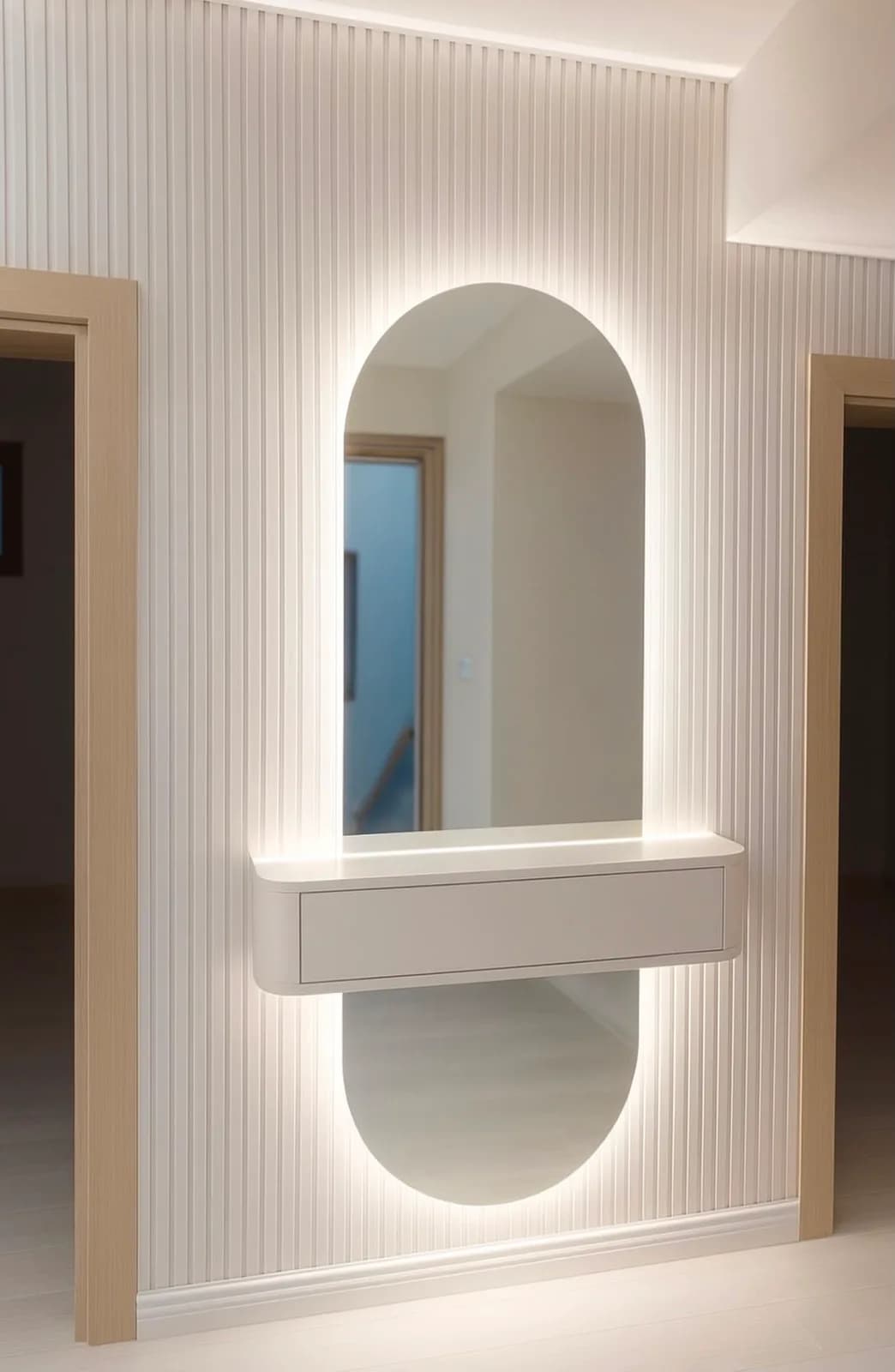 Krem çıta panelde oval LED ayna ve beyaz dresuar
